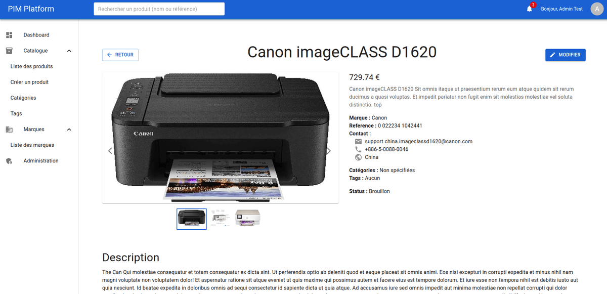 Capture d'écran du projet PIM (Product Information Management) Platform